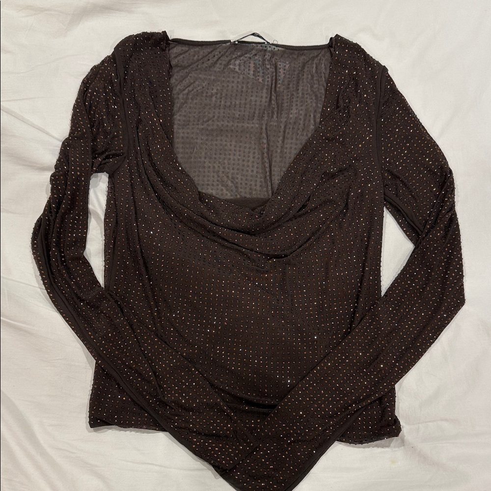 Zara Rhinestone mesh cowl neck long sleeve